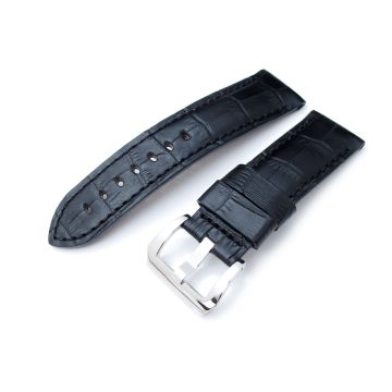 CrocoCalf (Croco Grain) Matte Black Watch Strap with Black Stitches, Polished Screw-in Buckle - 24mm