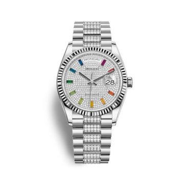 Rolex Day-Date 36 White Gold / Fluted / Paved-Rainbow / President-Diamond