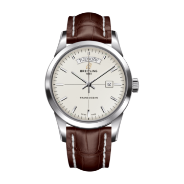 Breitling Transocean Day & Date Stainless Steel / Silver / Croco / Folding