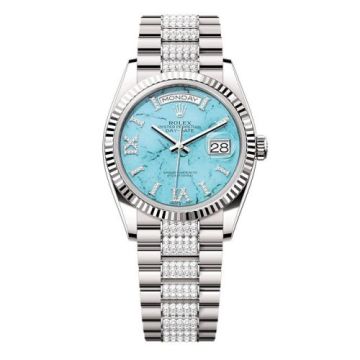 Rolex Day-Date 36 White Gold - Fluted / Turquoise / President - Diamond