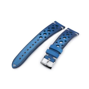 or 22mm MiLTAT Italian Handmade Racer Vintage Blue Watch Strap, White Stitching - 22mm