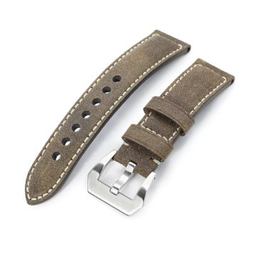 MiLTAT 21mm, 22mm Genuine Olive Brown Distressed Leather Watch Strap Extra Soft, Beige Stitching - 21mm