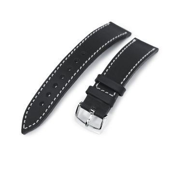 German made 20mm Matte Black Geniune Calf Watch Band, Polished - 15mm