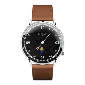 Gustave & Cie 12H Georges Argent & Noir Cuir Marron Havane Surpiqué 40mm