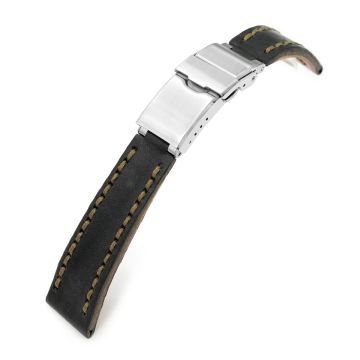 20mm Black Griffon One-Piece Handcrafted Italian Leather Watch Band, Olive Green Stitch - 10mm
