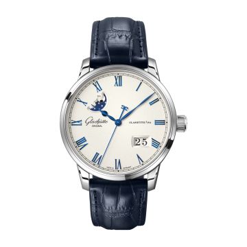 Glashütte Original Senator Excellence Panorama Date Moonphase Stainless Steel / Frosted Silver / Alligator - Folding