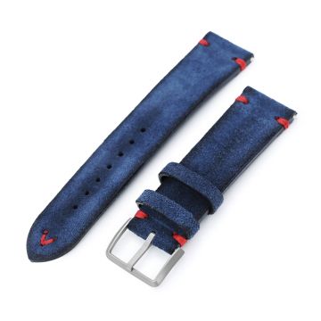 Navy Blue 19mm, 20mm, 21mm, 22mm MiLTAT Quick Release Nubuck Leather Watch Strap, Red Stitching, Sandblasted - 21mm