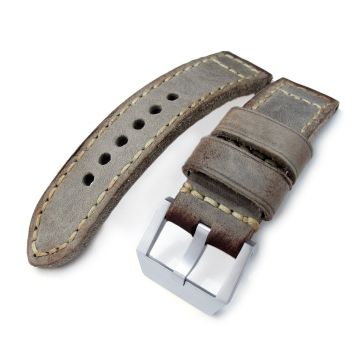 24mm MiLTAT Handmade Vintage Calf Leather Watch Band, Hand Painted Grey, Hand Stitches - 30mm