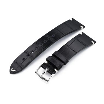 20mm, 21mm or 22mm MiLTAT Genuine American Alligator Square Scale, Semi Matte Black Watch Strap - 21mm