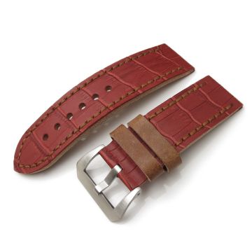 MiLTAT Antipode Watch Strap Matte Red CrocoCalf in Tan Hand Stitches - 26mm