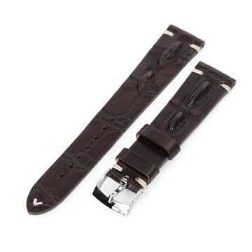Dark Brown Italian Handmade Hornback Alligator Watch Band, Beige Stitching, P Buckle - 10mm
