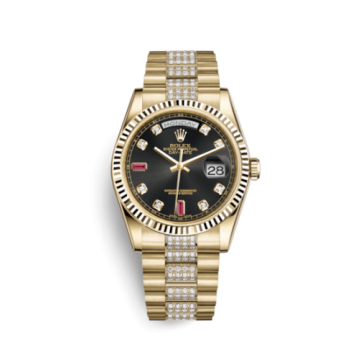 Rolex Day-Date 36 Yellow Gold Fluted / President Diamonds / Black Diamonds Rubies