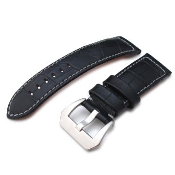 CrocoCalf (Croco Grain) Matte Black Watch Strap with Grey Stitches - 8mm
