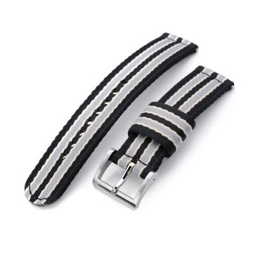 2-pcs Seatbelt Nylon Watch Band, Black, Grey and Khaki Stripes, Polished Buckle - 25mm