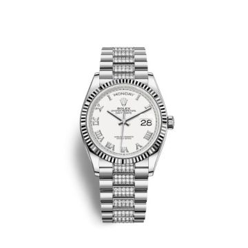 Rolex Day-Date 36 White Gold Fluted / White - Roman / President - Diamond