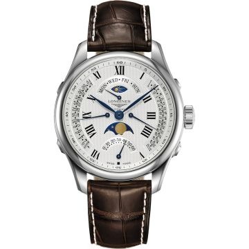 Longines Master Collection 41 Retrograde Moonphase Stainless Steel / Silver-Roman / Alligator