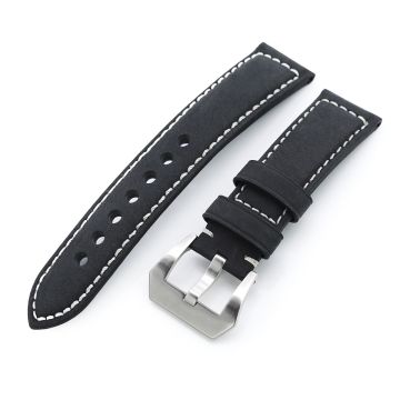 MiLTAT 22mm Matte Black Nubuck Leather Watch Strap, Beige Stitching - 10mm