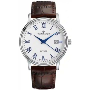 Claude Bernard Classic Gents Date Silver & White / Brown 42mm