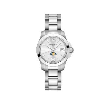 Longines Conquest 34 Quartz Moonphase Stainless Steel / Silver / Bracelet
