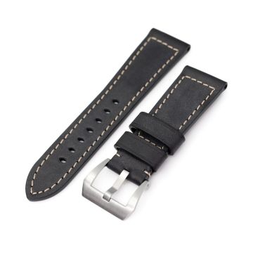 Pam Collection, Black French Crafted Leather Watch Strap for Panerai, Beige Stitching - 26mm