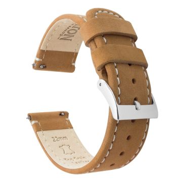 Gingerbread Brown Leather Linen White Stitching Watch Band - 22mm