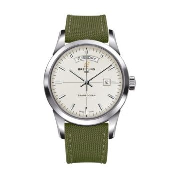 Breitling Transocean Day & Date Stainless Steel / Silver / Military / Pin