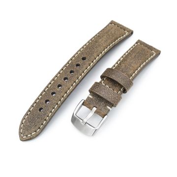 MiLTAT 20mm Genuine Olive Brown Distressed Leather Watch Strap Extra Soft, Beige Stitching - 6mm