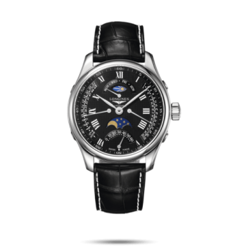 Longines Master Collection 44 Retrograde Moonphase Stainless Steel / Black-Roman / Alligator XL
