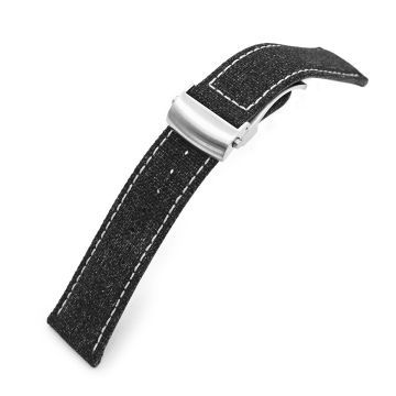 or 22mm Black Canvas Watch Band Brushed Roller Deployant Buckle, Beige Stitching - 22mm
