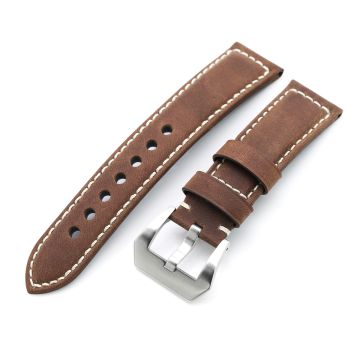 MiLTAT 24mm Mud Brown Nubuck Leather Watch Strap, Beige Stitching - 10mm