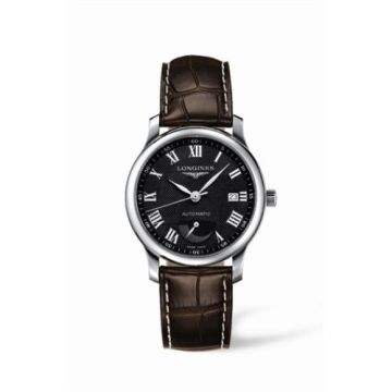 Longines Master Collection 38.5mm Power Reserve Stainless Steel / Black-Roman / Alligator