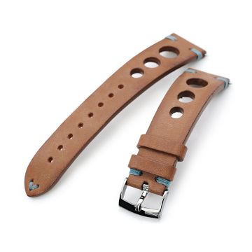 Q.R. 22mm Brown Leather Italian Handmade Racer Watch Band, Blue St. - 15mm