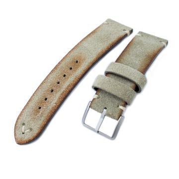 MiLTAT Grey Green Genuine Nubuck Leather Watch Strap, Beige Stitching, Sandblasted Buckle - 21mm