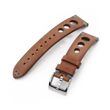 Q.R. 20mm Brown Leather Italian Handmade Racer Watch Band, Blue St. - 15mm