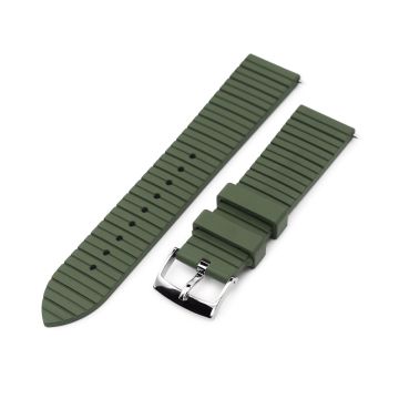 Quick Release Watch Band Military Green Groove Stripe FKM Rubber Strap, Polished - 6mm