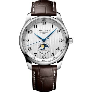 Longines Master Collection 42 Moonphase Stainless Steel / Silver-Arabic / Alligator