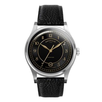 Gustave & Cie 12H Charles Argent & Noir Cuir Noir Grainé 38mm