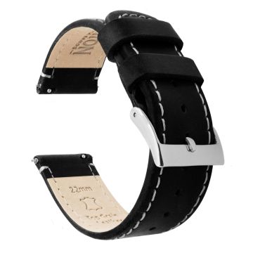 Black Leather Linen White Stitching Watch Band - 22mm