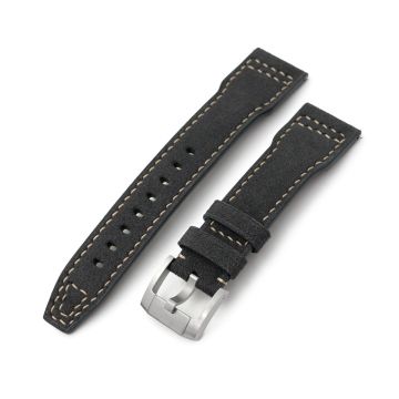 Charcoal Black Alcantara Fabric Quick Release Watch Band, Beige Stitching, 20mm, 21mm or 22mm - 22mm