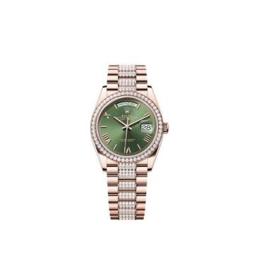 Rolex Day-Date 36 Everose Gold - Diamond / Green - Roman / President - Diamond