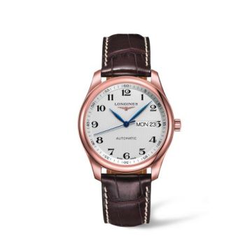 Longines Master Collection 38.5  Day Date Pink Gold / Silver-Arabic / Alligator