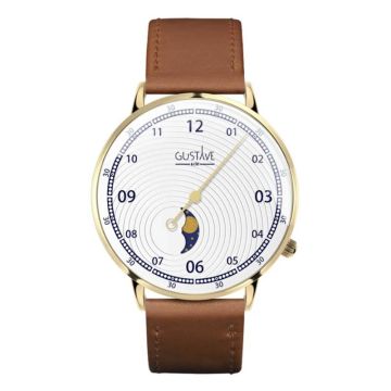 Gustave & Cie 12H Georges Or & Blanc Cuir Marron Havane Surpiqué 40mm