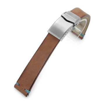 Q.R. 20mm Italian Handmade Brown Horse Leather Watch Band, One-piece V-clasp, Blue St. - 8mm