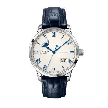 Glashütte Original Senator Excellence Panorama Date Moonphase Stainless Steel / Frosted Silver / Alligator - Pin