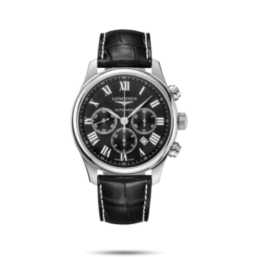 Longines Master Collection 44 Chronograph Stainless Steel / Black-Roman / Alligator