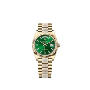 Rolex Day-Date 36 Yellow Gold - Fluted / Bright Green - Baguette / President - Diamond