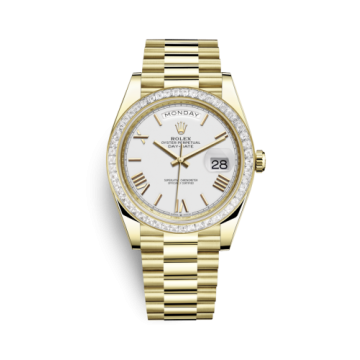 Rolex Day-Date 40 Yellow Gold - Baguette / White - Roman