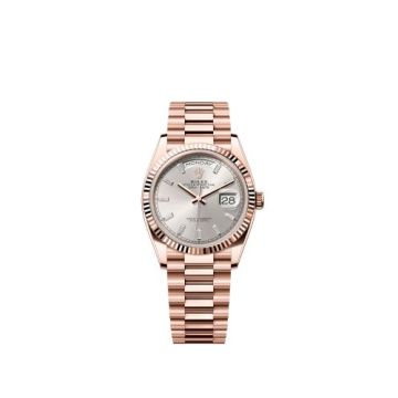 Rolex Day-Date 36 Everose Gold - Fluted / Silver - Baguette