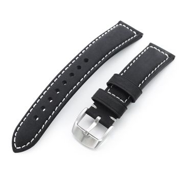 MiLTAT 20mm Matte Black Nubuck Leather Watch Strap, Beige Stitching - 10mm