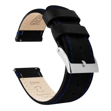 Black Leather Blue Stitching Watch Band - 22mm